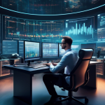 Create an image of a sophisticated, futuristic trading room with digital screens displaying cryptocurrency charts and trends. In the foreground, an experie