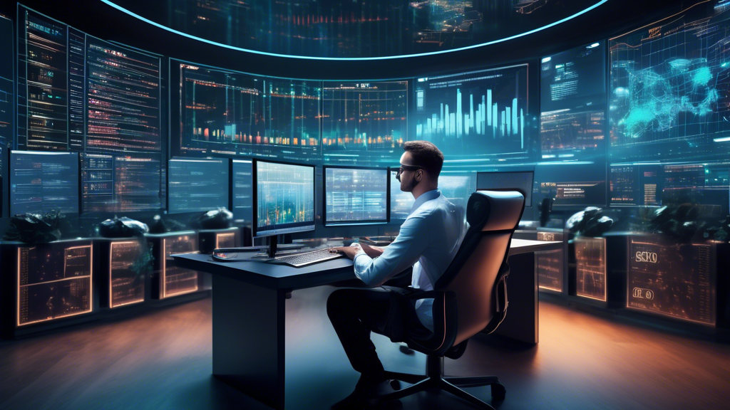 Create an image of a sophisticated, futuristic trading room with digital screens displaying cryptocurrency charts and trends. In the foreground, an experie