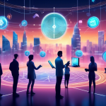 Create an image of a futuristic digital landscape representing the world of cryptocurrency trading. In the foreground, show a diverse group of people inter