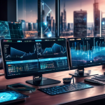 Create an image of a futuristic trading desk with multiple screens displaying cryptocurrency charts and data. On the desk, there are digital devices like a