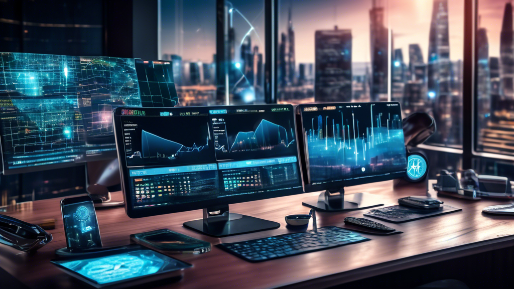 Create an image of a futuristic trading desk with multiple screens displaying cryptocurrency charts and data. On the desk, there are digital devices like a