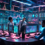 A futuristic trading room filled with holographic screens displaying cryptocurrency charts, complete with vibrant graphs and data analytics. In the backgro