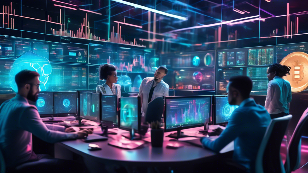 A futuristic trading room filled with holographic screens displaying cryptocurrency charts, complete with vibrant graphs and data analytics. In the backgro