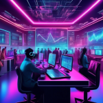 Create an image of a bustling futuristic trading room filled with holographic screens displaying live cryptocurrency markets. Traders of diverse background