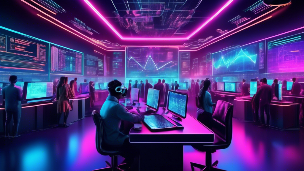 Create an image of a bustling futuristic trading room filled with holographic screens displaying live cryptocurrency markets. Traders of diverse background