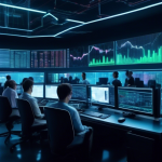 Create an image of a futuristic, high-tech trading room filled with large screens displaying crypto market data and graphs. The room is occupied by a diver