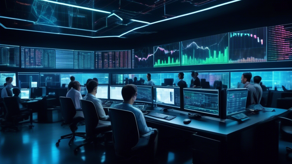 Create an image of a futuristic, high-tech trading room filled with large screens displaying crypto market data and graphs. The room is occupied by a diver