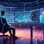 Create a futuristic, high-tech illustration of a person sitting in a sleek, modern workspace surrounded by multiple digital displays showing various crypto