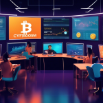 Create an image of a modern, digital classroom setting where diverse students are engaged in virtual learning about cryptocurrency trading. The room is fil