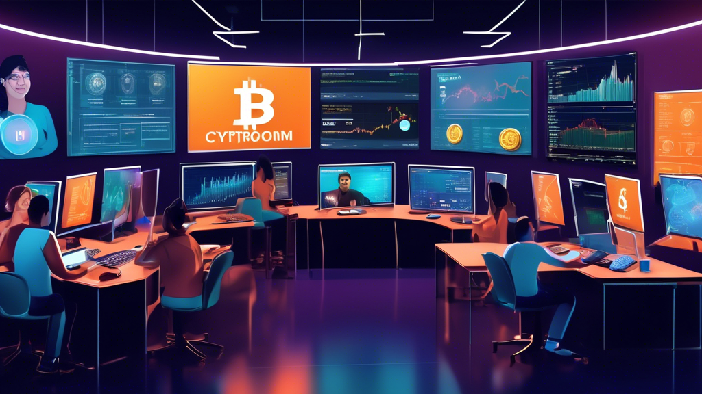 Create an image of a modern, digital classroom setting where diverse students are engaged in virtual learning about cryptocurrency trading. The room is fil