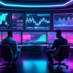 Create an image of a futuristic digital control room filled with holographic screens displaying various cryptocurrency market charts, graphs, and performan