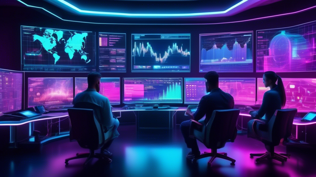 Create an image of a futuristic digital control room filled with holographic screens displaying various cryptocurrency market charts, graphs, and performan