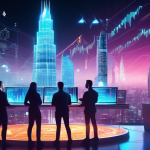 Create an image that captures the concept of crypto trading and risk assessment. The scene shows a futuristic digital cityscape with skyscrapers made of gl