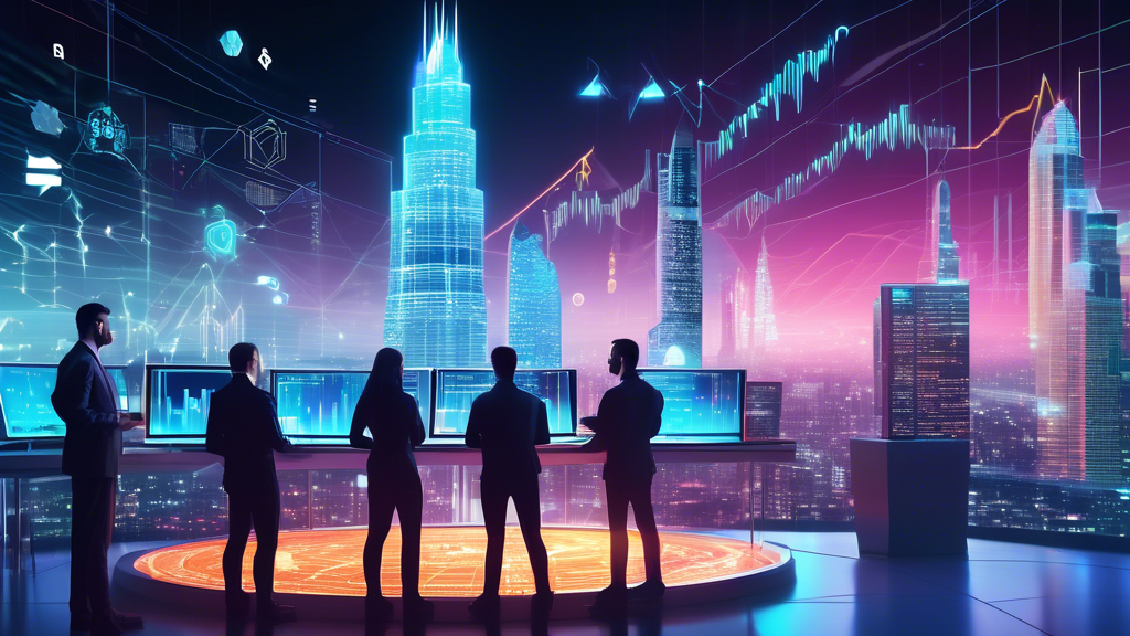 Create an image that captures the concept of crypto trading and risk assessment. The scene shows a futuristic digital cityscape with skyscrapers made of gl