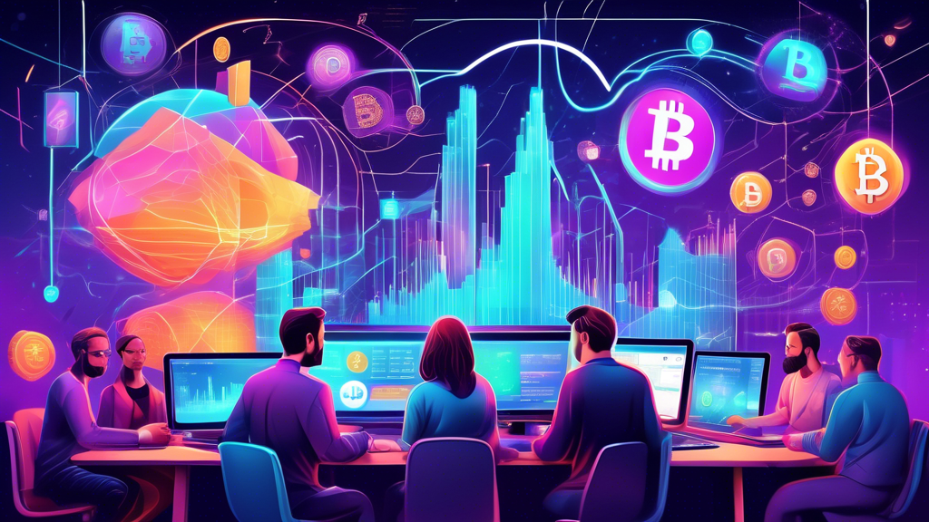 Create an imaginative and visually engaging artwork depicting the convergence of cryptocurrency trading and social trading. Illustrate a bustling digital m