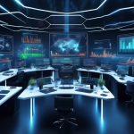 Create an image depicting a futuristic trading desk setup in a high-tech office environment. The desk is equipped with multiple holographic screens display