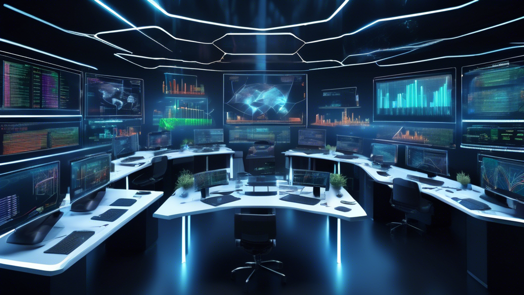 Create an image depicting a futuristic trading desk setup in a high-tech office environment. The desk is equipped with multiple holographic screens display