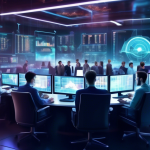 A futuristic digital trading room where a diverse group of tech-savvy individuals are engrossed in analyzing multiple screens filled with graphs, candlesti