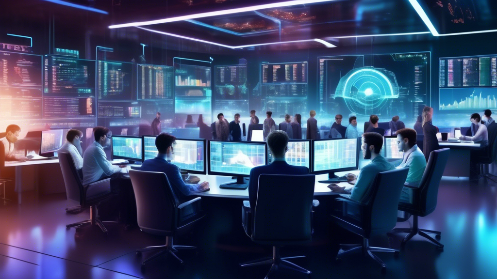 A futuristic digital trading room where a diverse group of tech-savvy individuals are engrossed in analyzing multiple screens filled with graphs, candlesti