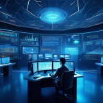 Create an image of a futuristic trading room filled with advanced screens displaying cryptocurrency charts and data analytics. In the center, a trader is i