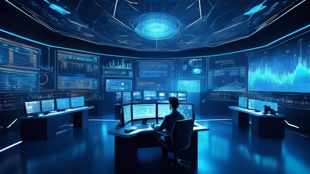 Create an image of a futuristic trading room filled with advanced screens displaying cryptocurrency charts and data analytics. In the center, a trader is i