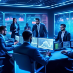 Create an image depicting a futuristic trading room filled with holographic displays showing various cryptocurrencies and trading charts. In the center, a