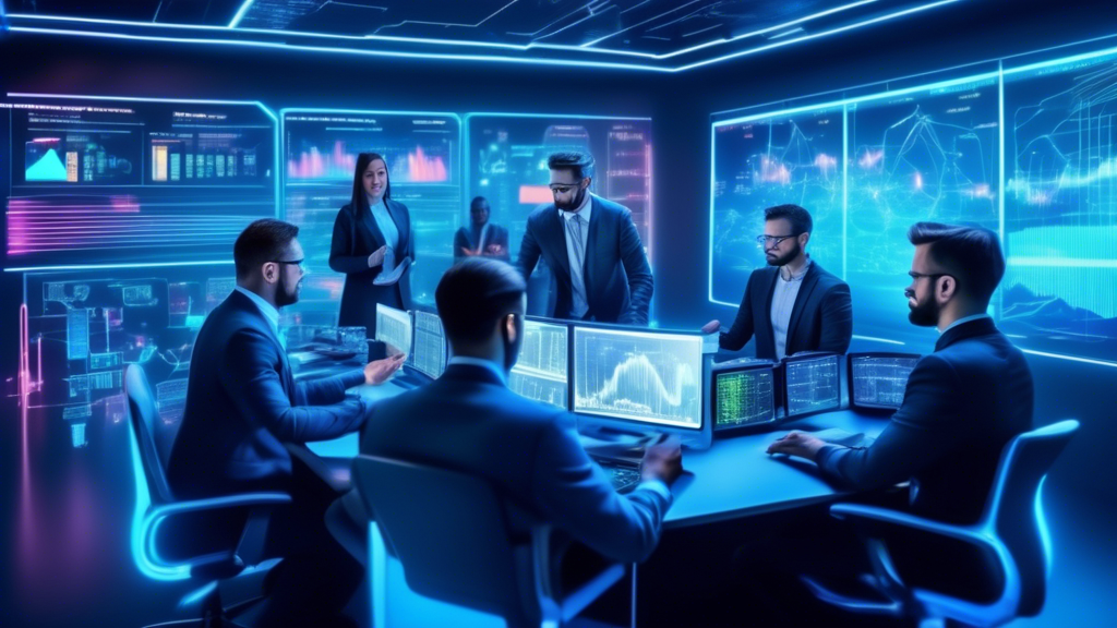 Create an image depicting a futuristic trading room filled with holographic displays showing various cryptocurrencies and trading charts. In the center, a