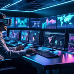 Create an image of a futuristic digital control room where a diverse group of traders is engaged in optimizing crypto trading strategies. The room is fille