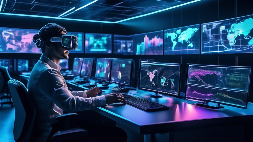 Create an image of a futuristic digital control room where a diverse group of traders is engaged in optimizing crypto trading strategies. The room is fille