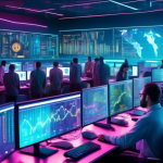 Create an image of a futuristic, high-tech trading floor bustling with digital screens displaying cryptocurrency market data. In the center, a group of div