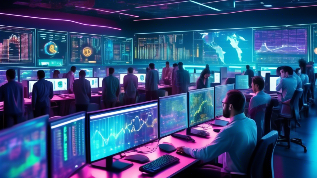 Create an image of a futuristic, high-tech trading floor bustling with digital screens displaying cryptocurrency market data. In the center, a group of div