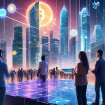 An image of a futuristic cityscape where holographic charts and graphs hover above modern skyscrapers, showcasing real-time cryptocurrency trading data. In