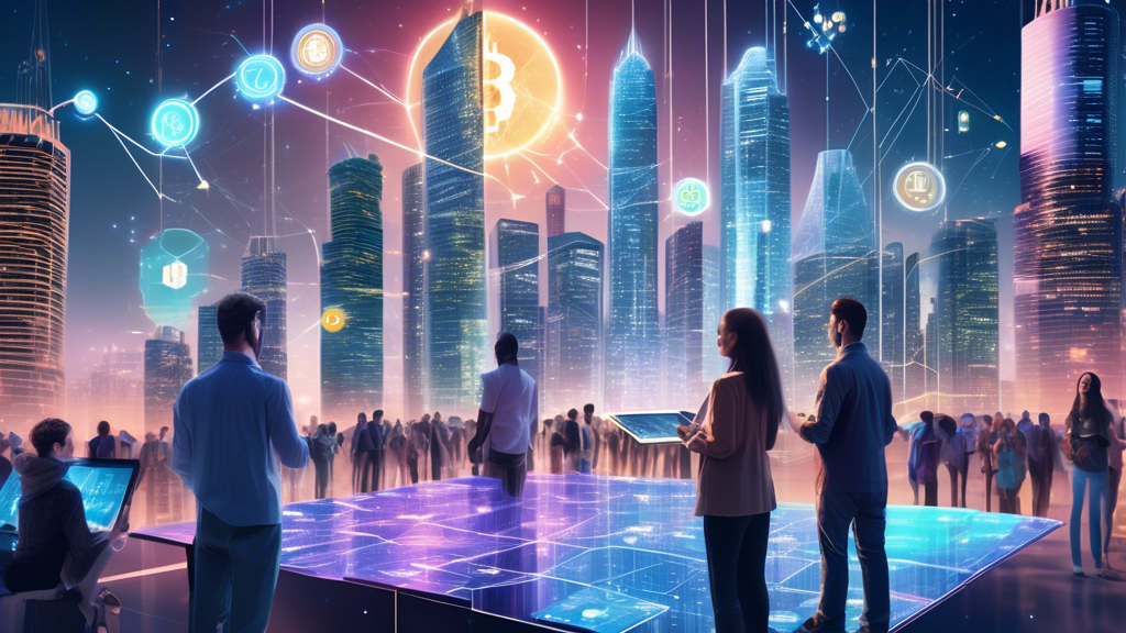 An image of a futuristic cityscape where holographic charts and graphs hover above modern skyscrapers, showcasing real-time cryptocurrency trading data. In