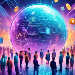 Create an image that depicts a futuristic digital landscape representing the world of cryptocurrency trading. In the foreground, a diverse group of traders