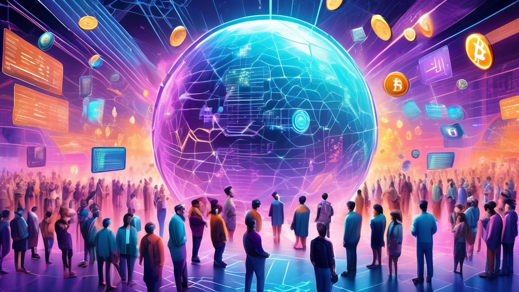 Create an image that depicts a futuristic digital landscape representing the world of cryptocurrency trading. In the foreground, a diverse group of traders