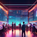 Create an image of a dynamic and futuristic trading hub bustling with diverse individuals engaged in cryptocurrency trading. The setting is a high-tech, di