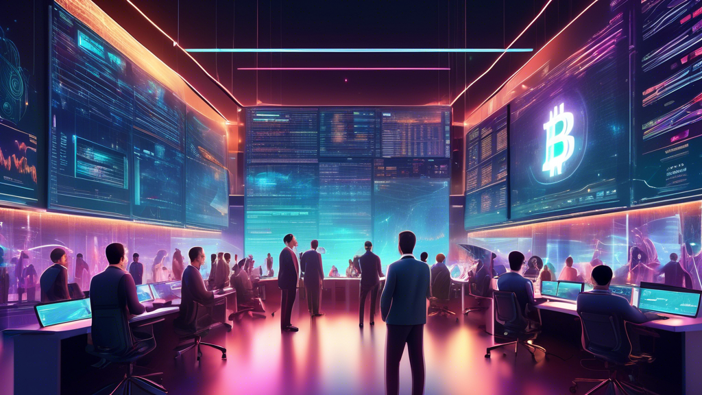 Create an image of a dynamic and futuristic trading hub bustling with diverse individuals engaged in cryptocurrency trading. The setting is a high-tech, di