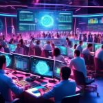 Create an image of a futuristic trading control room filled with high-tech screens displaying vibrant, dynamic graphs and crypto prices in various currenci