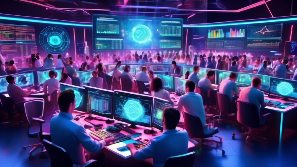 Create an image of a futuristic trading control room filled with high-tech screens displaying vibrant, dynamic graphs and crypto prices in various currenci