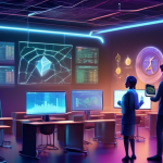 Create an image depicting a futuristic classroom where students are learning about cryptocurrency trading. The classroom is high-tech, with large digital s