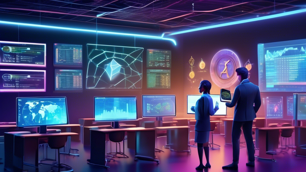 Create an image depicting a futuristic classroom where students are learning about cryptocurrency trading. The classroom is high-tech, with large digital s