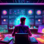 Create an image of a futuristic trading enthusiast in a high-tech room filled with digital displays of various cryptocurrencies. The person is analyzing ma