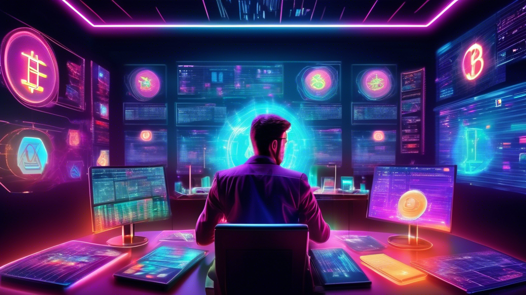 Create an image of a futuristic trading enthusiast in a high-tech room filled with digital displays of various cryptocurrencies. The person is analyzing ma