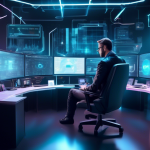 Create an image of a futuristic workspace where a trader is analyzing cryptocurrency market trends. The scene features holographic screens displaying graph