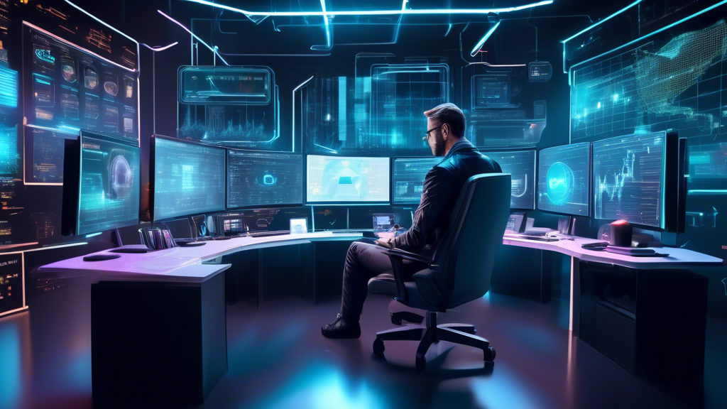 Create an image of a futuristic workspace where a trader is analyzing cryptocurrency market trends. The scene features holographic screens displaying graph