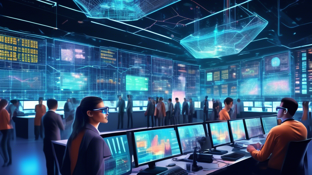 Create an image that depicts a futuristic trading floor bustling with activity, showcasing digital screens displaying various cryptocurrencies like Bitcoin