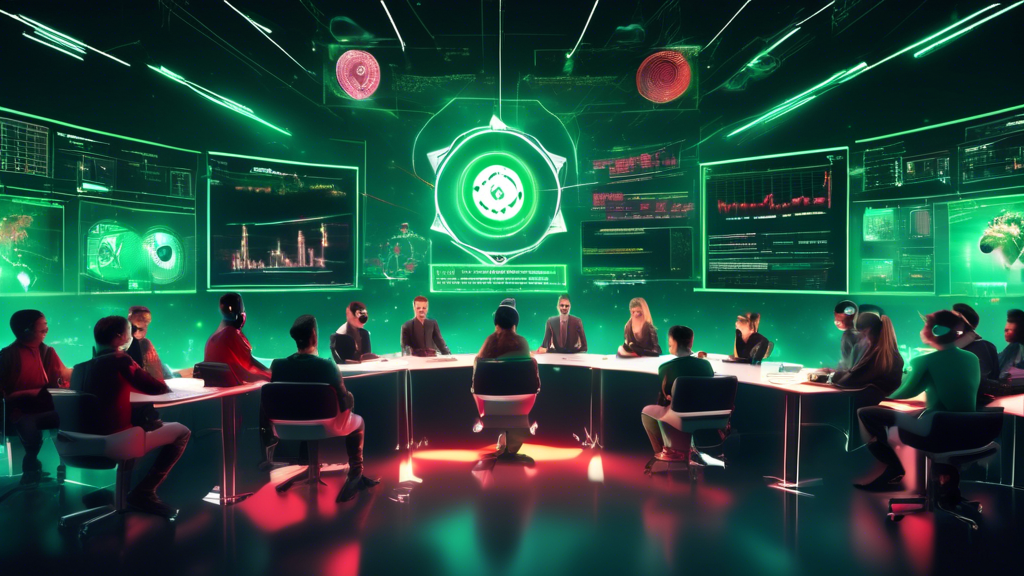 Create an image of a futuristic digital classroom filled with a diverse group of individuals wearing virtual reality headsets, all engaged in a crypto trad