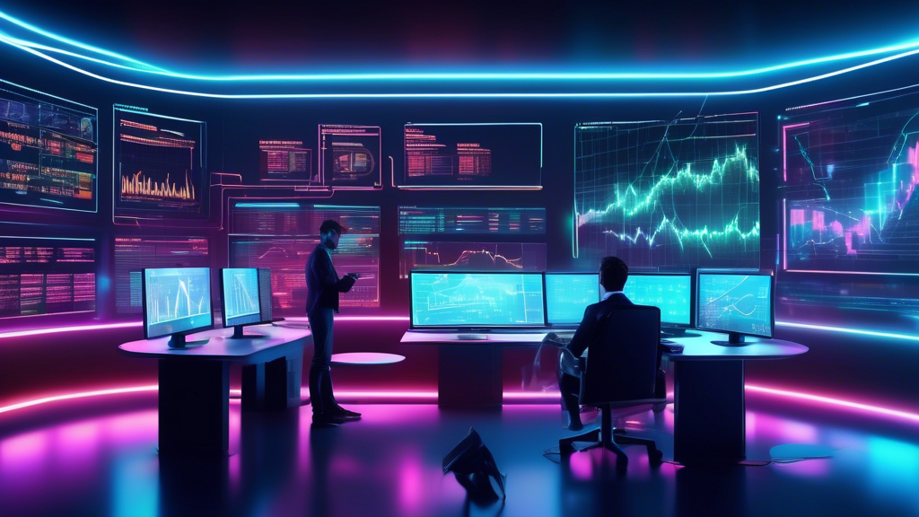 Create an image depicting a futuristic digital office environment where a trader is analyzing complex visual charts and graphs on multiple holographic scre