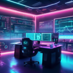 Create an image of a futuristic workspace designed for cryptocurrency trading. The centerpiece of the image is a large digital screen displaying an intrica