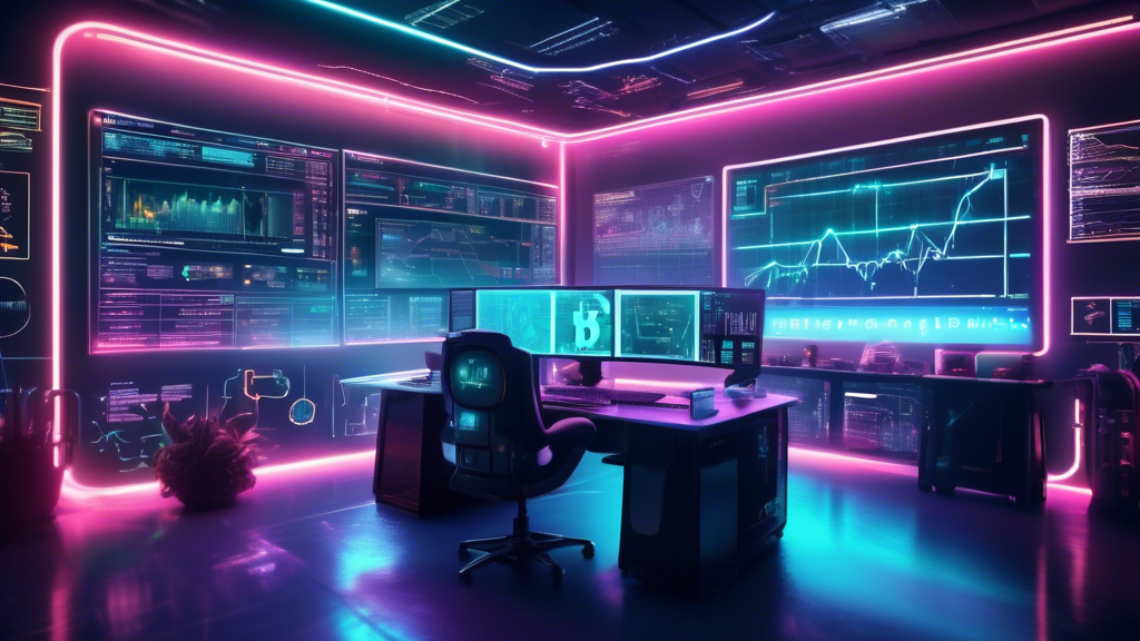 Create an image of a futuristic workspace designed for cryptocurrency trading. The centerpiece of the image is a large digital screen displaying an intrica